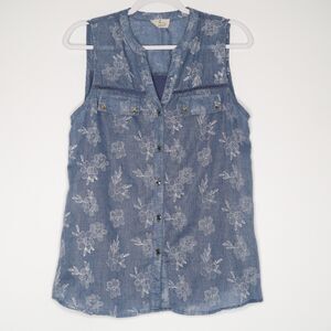 Ember Womens Top Size Large Blue White Floral Sleeveless Casual Mixed‎ Media